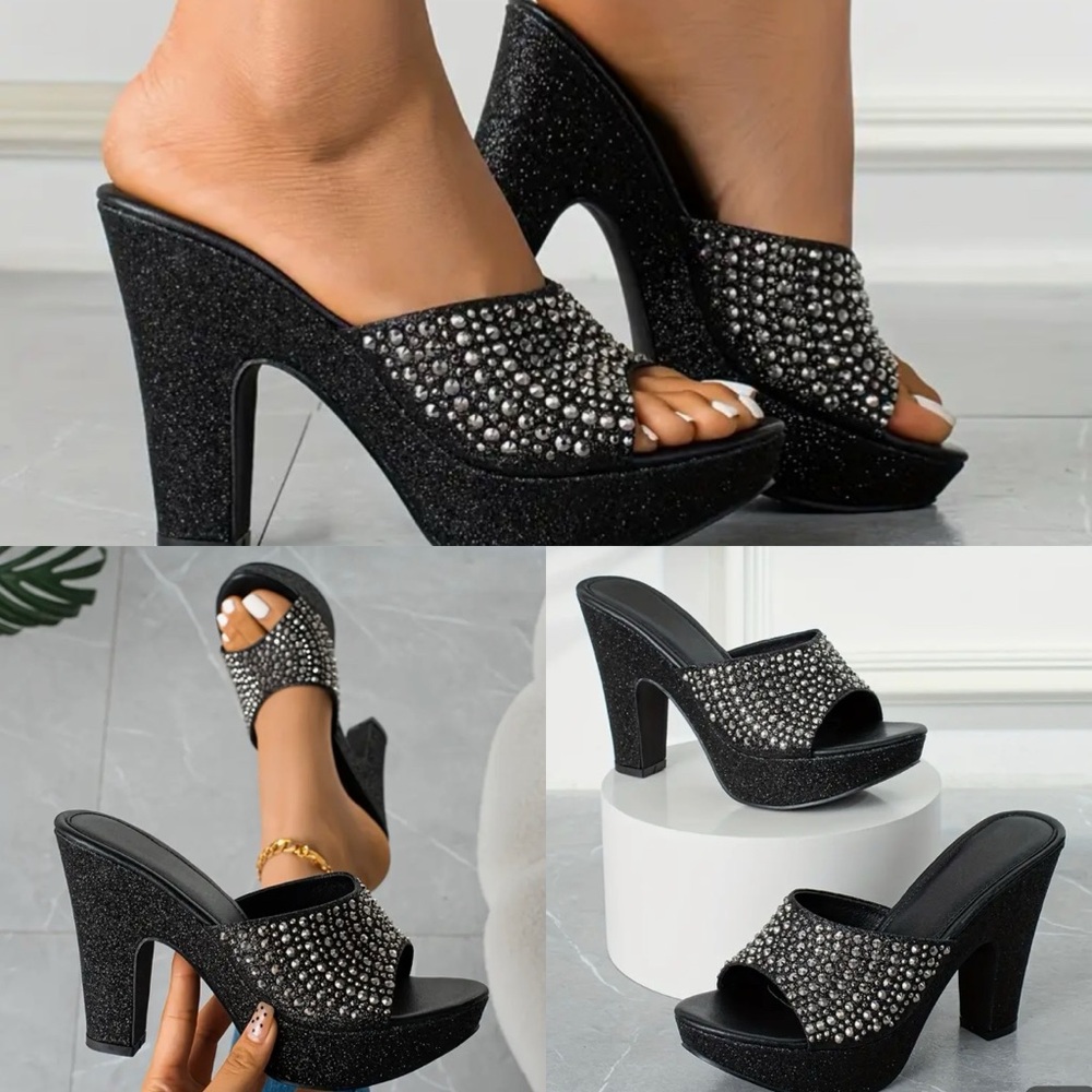 Black Glitter Rhinestone Block Heeled Sandals Size 40